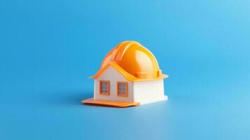 speelgoed- huis met een dak in de het formulier van een beschermend helm Aan een blauw achtergrond. ai gegenereerd foto