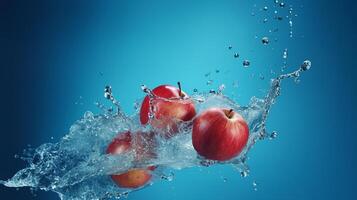 rood appels vallend in water spatten Aan een blauw achtergrond. sappig fruit achtergrond. ai gegenereerd foto