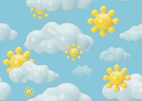 naadloos patroon met geel 3d zonnen en wolken Aan blauw achtergrond. van toepassing voor kleding stof afdrukken, textiel, behang. herhaalbaar textuur. tekenfilm stijl, patroon voor kinderen beddengoed, kleren. 3d veroorzaken. foto