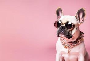 koel hond met zonnebril en nekloos Aan roze achtergrond. kopiëren ruimte voor tekst. modieus uiterlijk, worden trendy. stijl en mode. elegant huisdier. sieraden, accessoires. generatief ai. foto