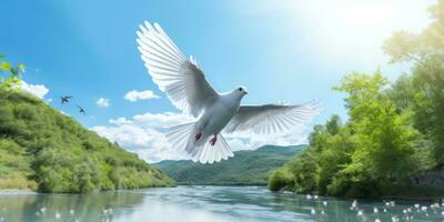 Internationale vrede dag, wit duif vliegend Aan blauw lucht achtergrond, vogel van vrede symbool. generatief ai foto