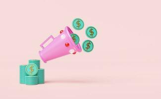 megafoon of hand- spreker met dollar munten stapels geïsoleerd Aan roze achtergrond.online winkelen, zaken strategie concept,3d illustratie of 3d geven foto