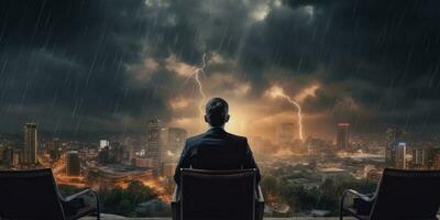 zakenman vastbesloten naar gezicht ieder uitdaging, stadsgezicht donder storm achtergrond. generatief ai foto