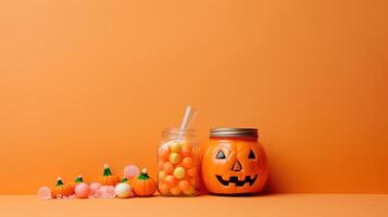 halloween pompoen decoratie met oranje achtergrond en kopiëren ruimte ai gegenereerd foto