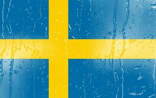 3d vlag van Zweden Aan een glas met water laten vallen achtergrond. foto