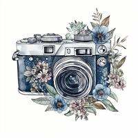 waterverf foto camera met bloemen. schetsen stijl illustratie, hand- tekenen, tekening, retro, vintage. icoon, logo, afdrukken, sublimatie, clip art. ai gegenereerd