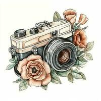 waterverf foto camera met bloemen. schetsen stijl illustratie, hand- tekenen, tekening, retro, vintage. icoon, logo, afdrukken, sublimatie, clip art. ai gegenereerd