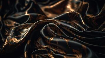 zwart en goud kleding stof in golvend bokeh abstract achtergrond. generatief ai foto