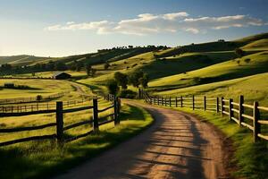 land weg in groen veld- met houten hek en blauw lucht met wolken ai generatief foto