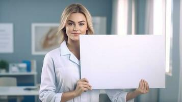 vrouw dokter met informatief poster. generatief ai foto
