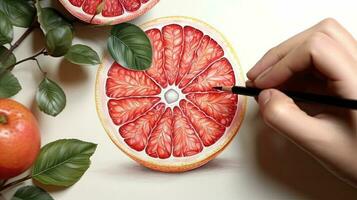 3d kunst presenteren beeld van hand- tekening realistisch grapefruit plakjes en bladeren met potlood. generatief ai. foto