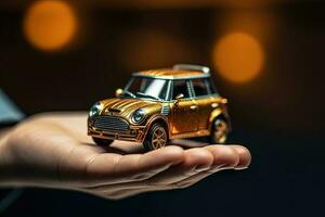 hand- van een miniatuur auto of auto in onscherp achtergrond. generatief ai. foto