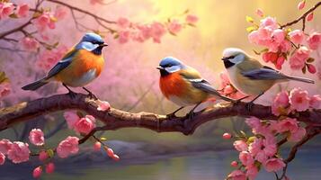 mooi twee vogelstand Aan een Afdeling van een bloeiend boom in de Woud. foto