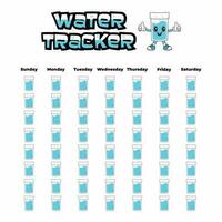 dagelijks water tracker balans vector kalender. gewoonte tracker concept en voor effectief planning. drinken genoeg water, hydratatie uitdaging. schattig karakter in retro groovy stijl. foto