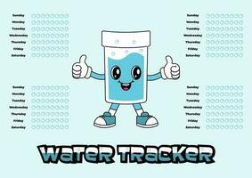 dagelijks water tracker balans vector kalender. gewoonte tracker concept en voor effectief planning. drinken genoeg water, hydratatie uitdaging. schattig karakter in retro groovy stijl. foto