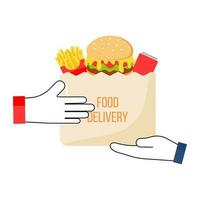 online winkelen, voedsel levering. pictogrammen naar uitdrukken, levering huis. handen voorbij gaan aan een pakket van snel voedsel naar andere handen foto