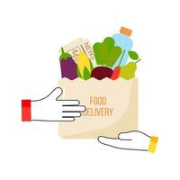 online winkelen, voedsel levering. pictogrammen naar uitdrukken, levering huis. handen voorbij gaan aan een pakket van fruit, groenten naar andere handen foto