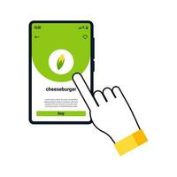 online winkelen, voedsel levering. pictogrammen naar uitdrukken, levering huis. hand- Holding telefoon met mobiel app voor voedsel levering foto