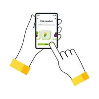 online winkelen, voedsel levering. pictogrammen naar uitdrukken, levering huis. hand- Holding telefoon met mobiel app voor voedsel levering foto