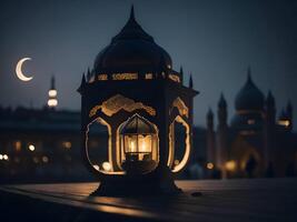 eid lamp met vervagen achtergrond ai gegenereerd, Islamitisch eid achtergrond, eid mubarak achtergrond foto