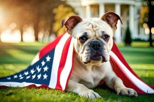 een houdende bulldog en een Amerikaans vlag Aan het schouder in de midden- van grasveld foto