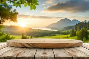 een rustiek hout tafel in de midden- van een natuur achtergrond voor Product Scherm foto