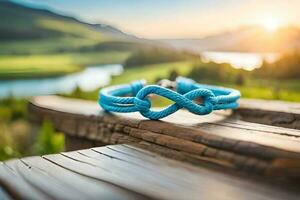 een dichtbij omhoog fotograaf van een paar- blauw armband vormen een oneindigheid symbool Aan een rustiek hout met bokeh achtergrond foto