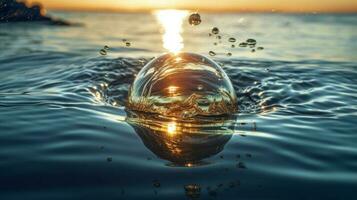 blauw water spatten Aan een transparant bal in een donker achtergrond, strand water met golven, generatief ai foto