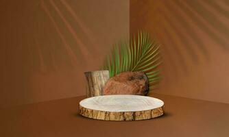 ronde hout plak podium voor Product Scherm, Product vitrine houten staan met bladeren foto