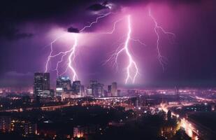 bliksem storm over- stad in blauw licht gemaakt met generatief ai technologie. foto