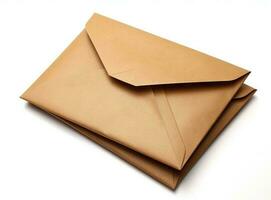 bruin enveloppen. papier geschenk kaarten en uitnodigingen geïsoleerd Aan wit achtergrond. gemaakt met generatief ai technologie foto