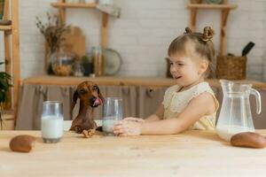 een weinig gelukkig meisje spelen met een teckel hond in de keuken foto