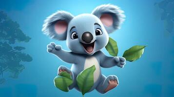 3d illustratie van een schattig koala met bladeren, gegenereerd door ai foto