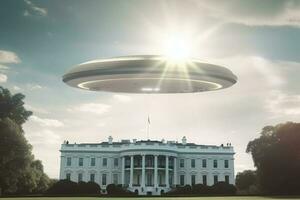 buitenaards wezen ufo ruimteschip vlieg bovenstaand wit huis regering van Verenigde Staten van Amerika met zon licht. generatief ai foto