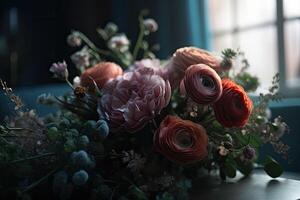 rijk bundel van pioenrozen, eustoma, rozen bloemen, groen blad. vers boeket detailopname. generatief ai foto