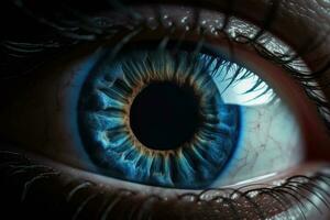 dichtbij blauw omhoog van een menselijk oog. een macro van een multi gekleurde oog. generatief ai foto