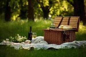 picknick in een park omringd door hoog bomen, groen gras en een deken verspreiding uit. generatief ai foto