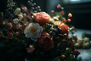 rijk bundel van pioenrozen, eustoma, rozen bloemen, groen blad. vers boeket detailopname. generatief ai foto