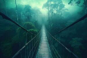 een suspensie brug in de mistig oerwoud. generatief ai foto