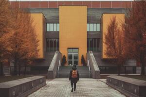 wandelen kind en school- Ingang, terug visie. leerling Gaan studie met rugzak. generatief ai foto