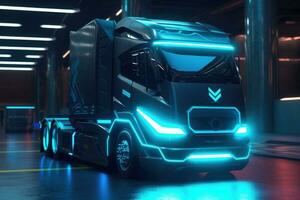 elektrisch vrachtauto in een futuristische omgeving. vrachtauto met neon lichten. generatief ai foto