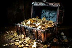 oud Open piraat schat borst vol van gouden munten. generatief ai foto
