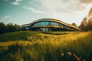 modern architectuur. gebouw met een met gras begroeid elementen. een ecologisch dorp concept. generatief ai foto