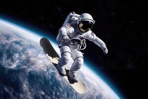 een astronaut surfing in de diep ruimte. de ruimtevaarder Aan een surfboard is surfing de sterren. generatief ai foto