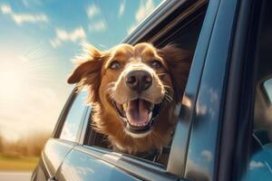 gelukkig hond met hoofd uit van de auto venster hebben plezier. generatief ai foto