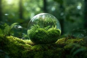 kristal bal met planten Aan mos in Woud milieu. aarde dag concept. generatief ai foto