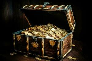 oud Open piraat schat borst vol van gouden munten. generatief ai foto