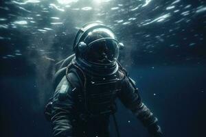 een astronaut is drijvend in de oceaan. ruimtevaarder in de onderwater. generatief ai foto