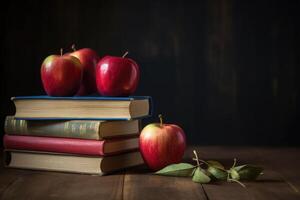 schoolbord met boeken en appels Aan houten bureau. terug naar school- concept. generatief ai foto