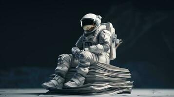 astronaut zittend Aan stack van boeken voor onderwijs en aan het leren. generatief ai foto